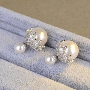 *NEW 925 Sterling Silver Diamond Pearl Earrings